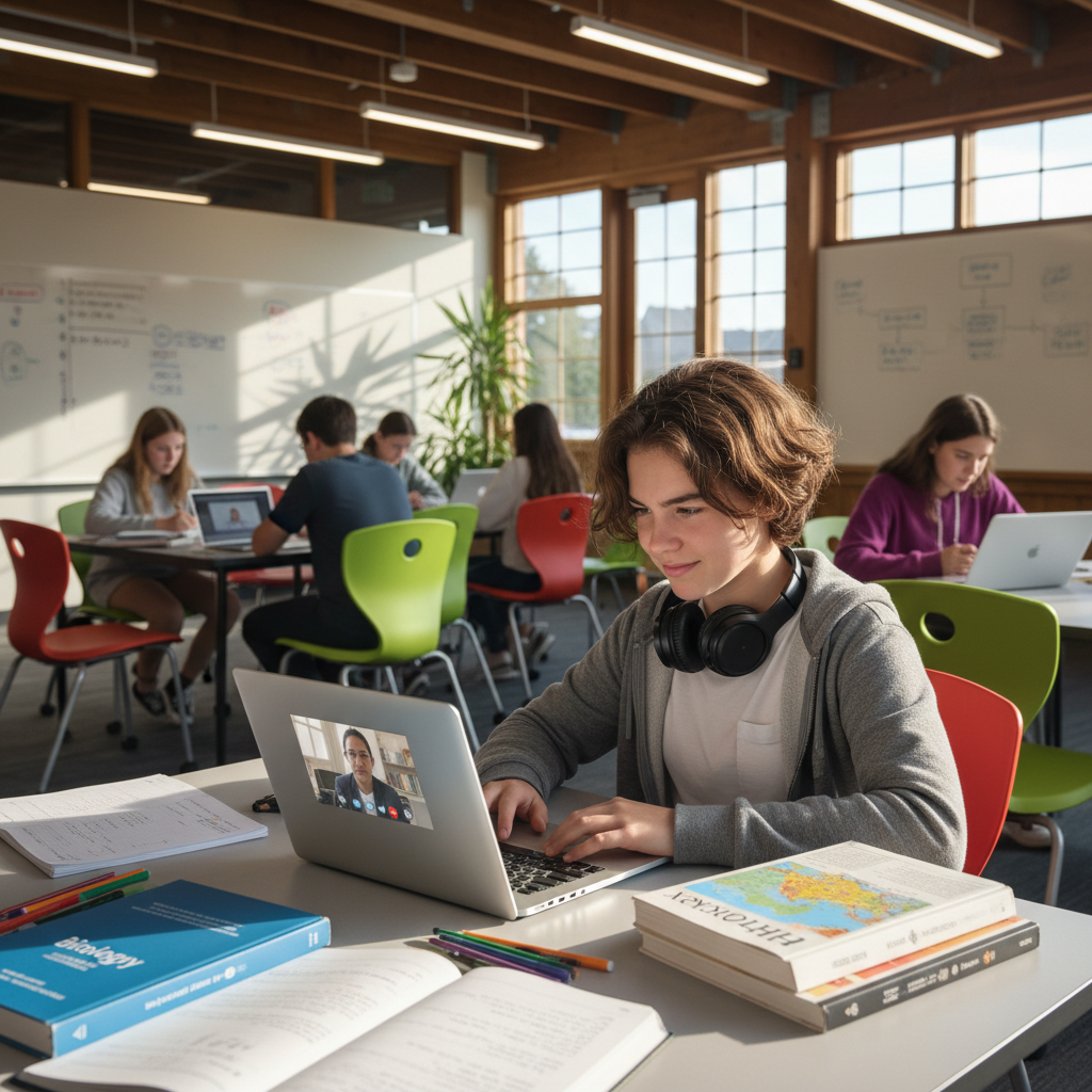 Grade 10 student doing online learning on a laptop with textbooks