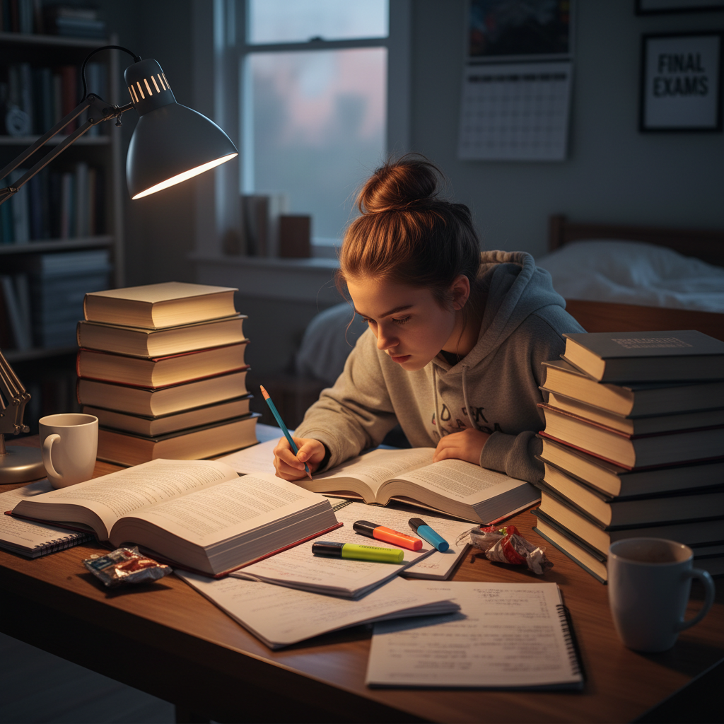 Grade 12 student studying hard for final exams with stacked textbooks