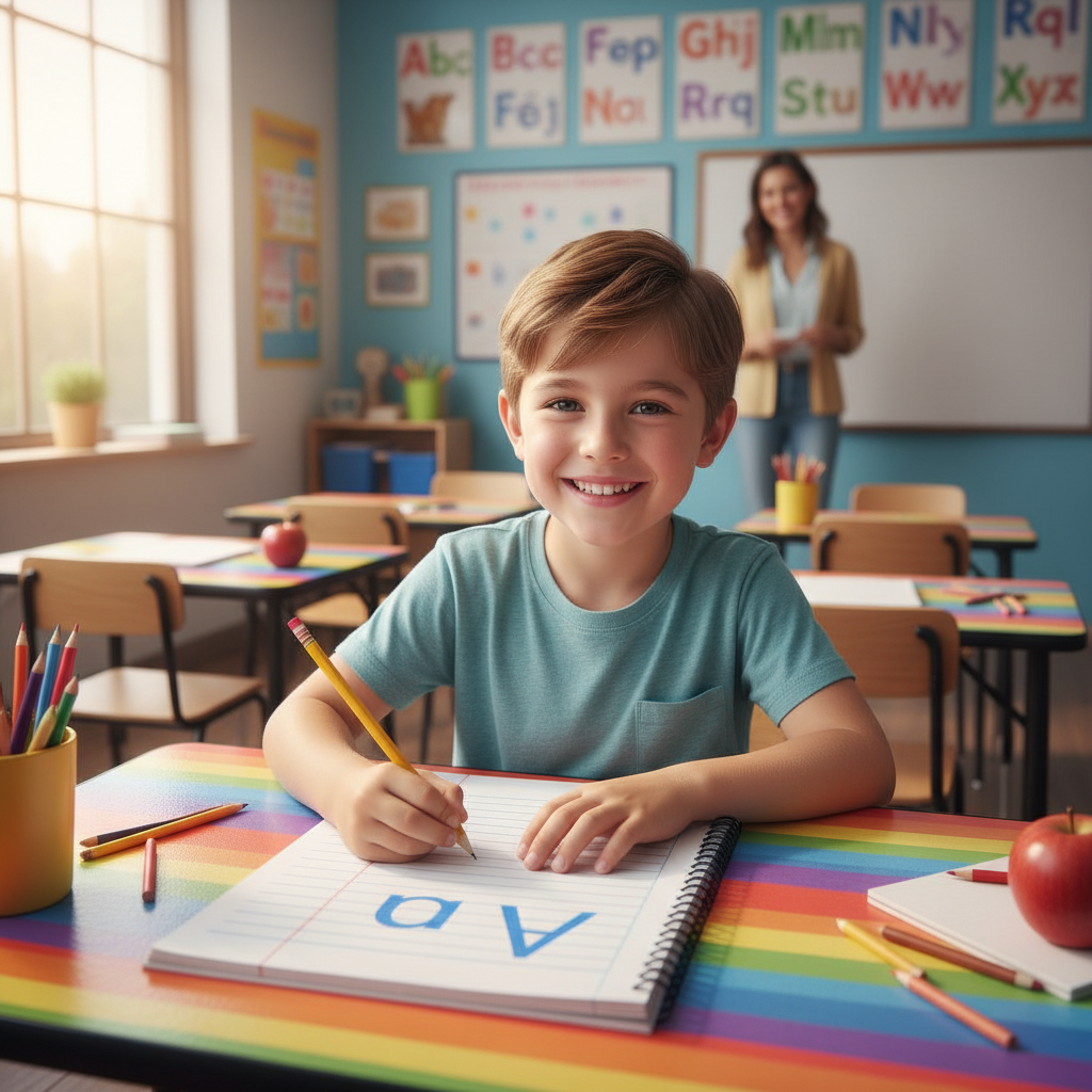 Grade 1 student learning to write letters in a colorful classroom