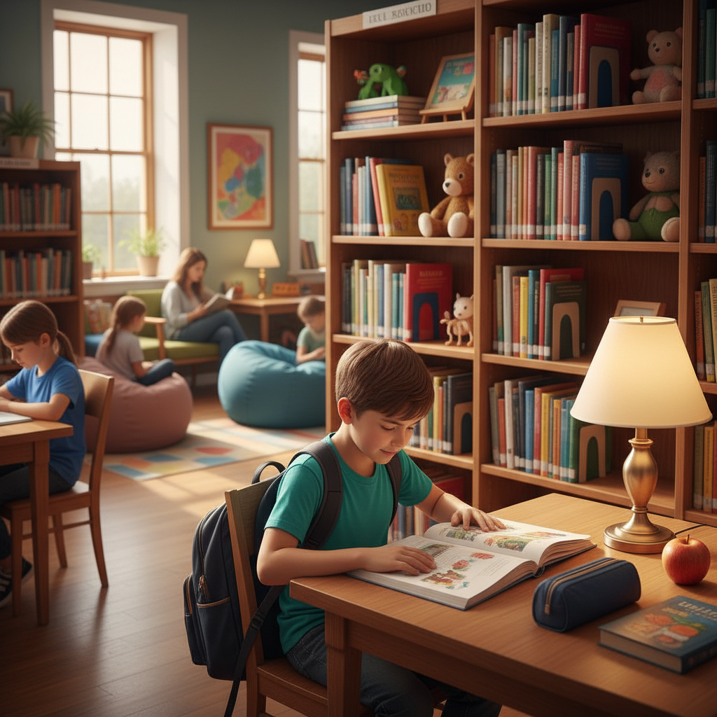 Grade 5 student reading a storybook in the school library