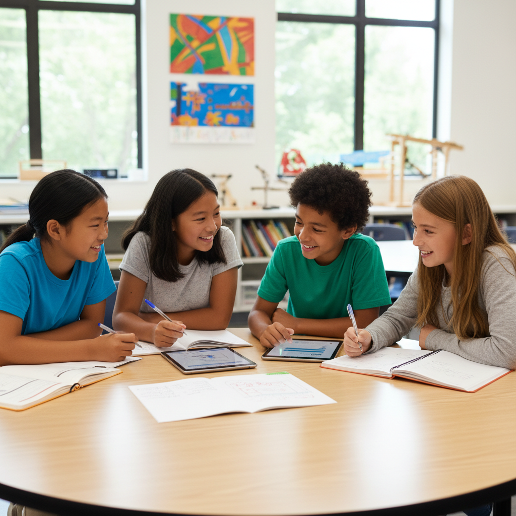 Grade 7 students collaborating on a group project in class
