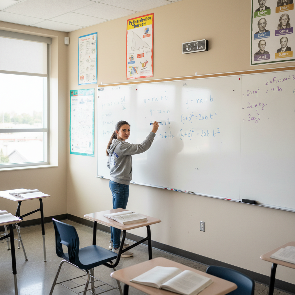 Grade 9 student solving math equations on a whiteboard